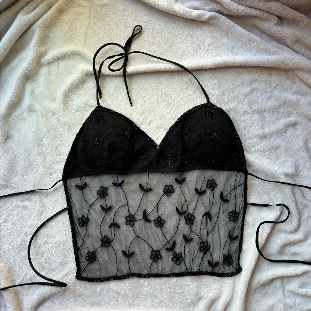 Black Sheer Floral Embroidered Halter Top